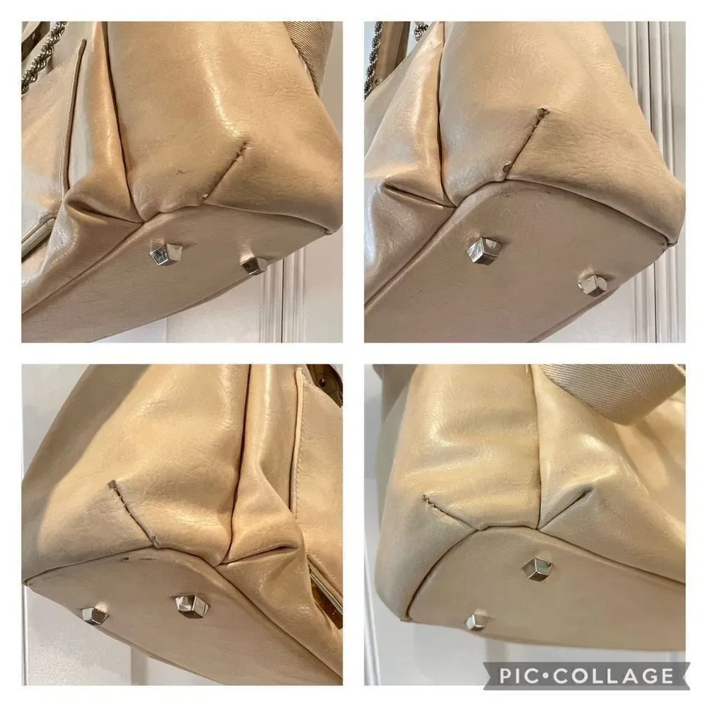 Beis The Baby Bag in Beige Buffalo Trim Vegan Leather 5 Pockets Gold Hardware